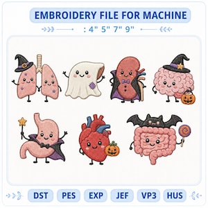 Puede incluir: Un archivo de bordado para máquina que presenta siete órganos humanos estilo caricatura vestidos para Halloween. Incluye pulmones con sombrero de bruja, un fantasma, un riñón vampiro, un cerebro con sombrero y calabaza, un estómago mago, un corazón con calabaza e intestinos con un murciélago y una paleta. Texto: EMBROIDERY FILE FOR MACHINE : 4" 5" 7" 9".