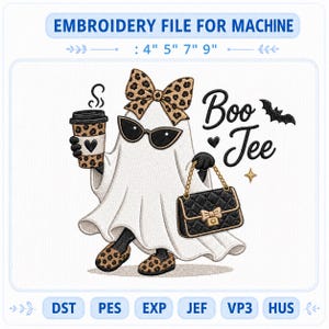 May include: An embroidery design featuring a ghost wearing a leopard print bow, sunglasses, and matching slippers. The ghost holds a leopard print coffee cup and a black quilted handbag. The text reads Boo Tee, accompanied by a bat and star.