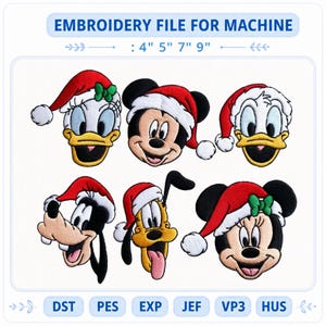 May include: Embroidery file for machine with 4" 5" 7" 9" sizes. Features six cartoon character heads wearing red and white Santa hats: Daisy Duck, Mickey Mouse, Donald Duck, Goofy, Pluto, and Minnie Mouse. Includes file formats DST, PES, EXP, JEF, VP3, HUS.