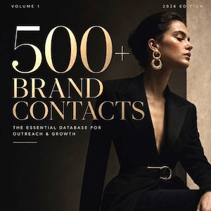May include: A promotional image for a database titled "500+ Brand Contacts." The cover features a woman in a black suit. Text includes "The Essential Database for Outreach & Growth" and "Reach. Connect. Grow."