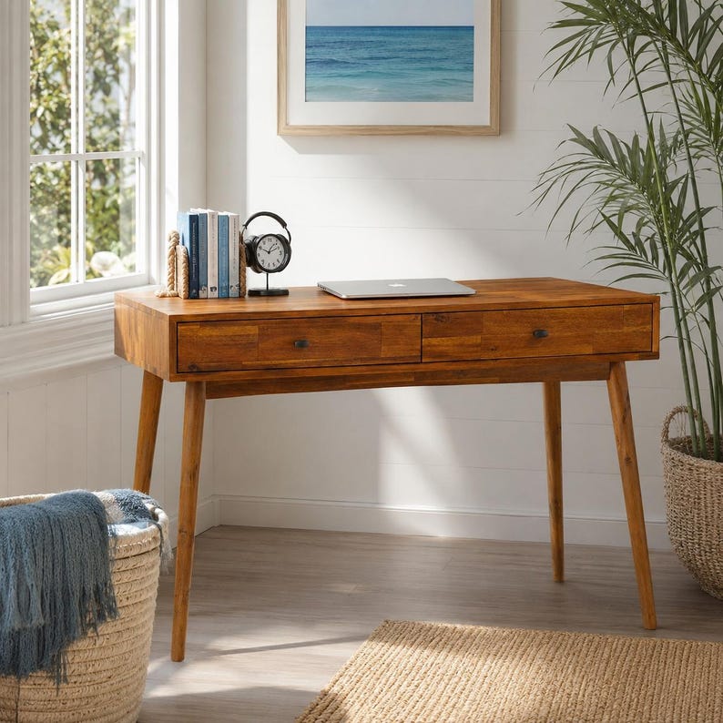 Mid Century Wooden Writing Desk Modern Home Office Desk With Drawers ...