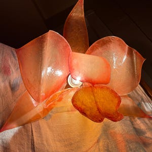 May include: A flower-shaped lamp featuring translucent, overlapping petals in shades of orange, red, and yellow. The structure is composed of thin, semi-transparent material that glows from a central light source, creating a warm, diffused illumination.