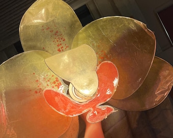 Yellow and Pink Sculpted Wire Mulberry Paper Orchid Lamp, Resin Dipped Petals, Plug-in Light Fixture
