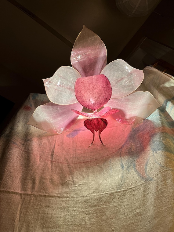 Sculpted Wire Mulberry Paper Orchid Lamp, Resin Dipped Petals, Plug-in Light Fixture