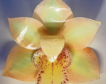 Peach and Green Sculpted Wire Mulberry Paper Orchid Lamp, Resin Dipped Petals, Plug-in Light Fixture