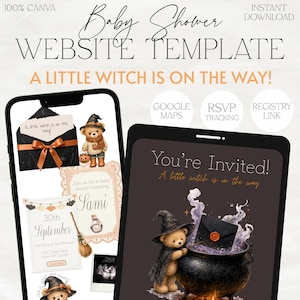 May include: A digital baby shower website template featuring a witch-themed design with teddy bears, cauldrons, and envelopes. The text includes 'Baby Shower Website Template', 'A little witch is on the way!', 'You're Invited!', and '30th September'.