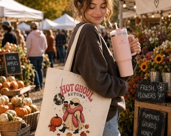 Hot Ghoul Autumn Tote Bag | Cute Ghost Pumpkin Leaves | Farmers Market Bag | Shopping Bag | Disco Ball Ghost | Pink Ghost | Halloween Bag