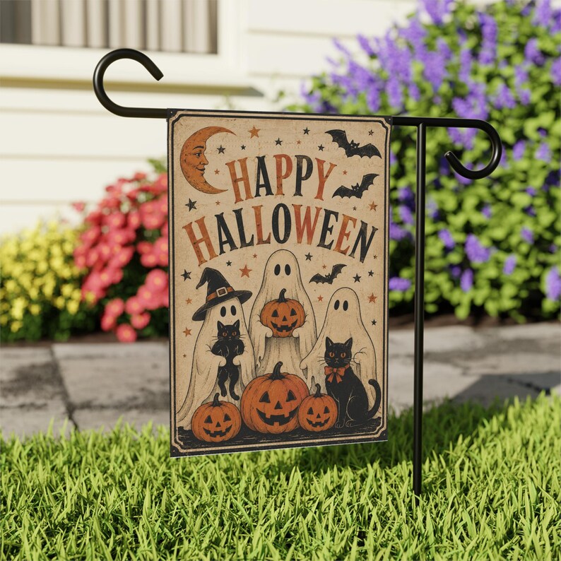 Vintage Happy Halloween Ghosts Garden Flag | Spooky Garden Flag, Welcome Sign, Yard Decoration, Ghost and Black Cat | 90s Halloween Decor image 5