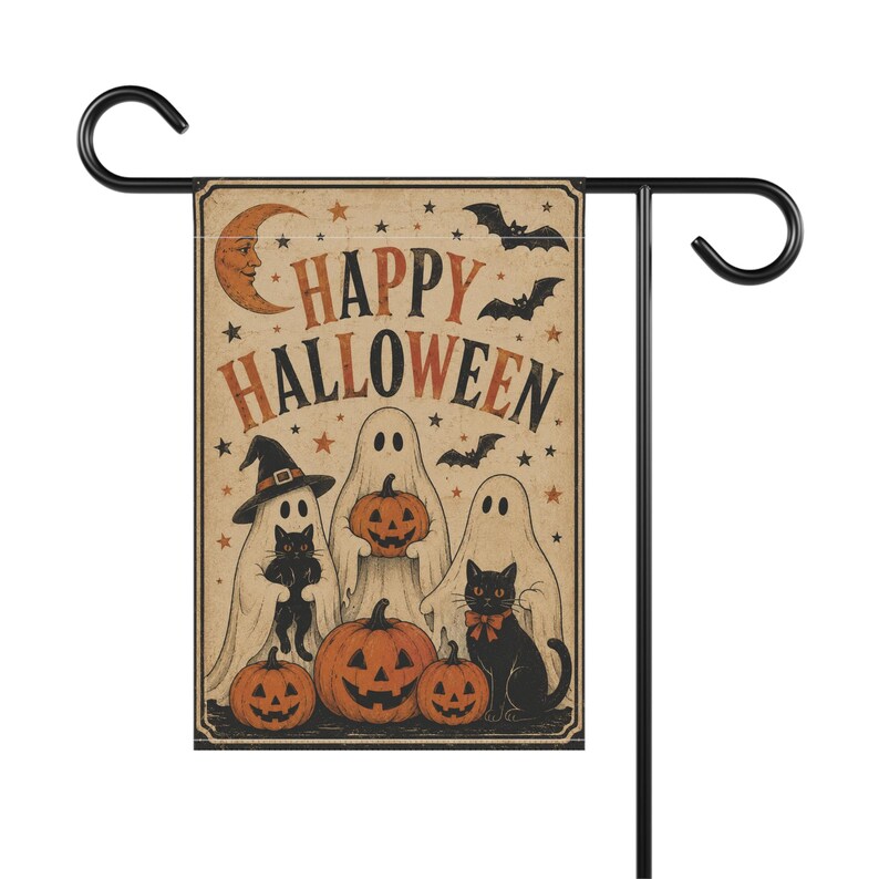 Vintage Happy Halloween Ghosts Garden Flag | Spooky Garden Flag, Welcome Sign, Yard Decoration, Ghost and Black Cat | 90s Halloween Decor image 3