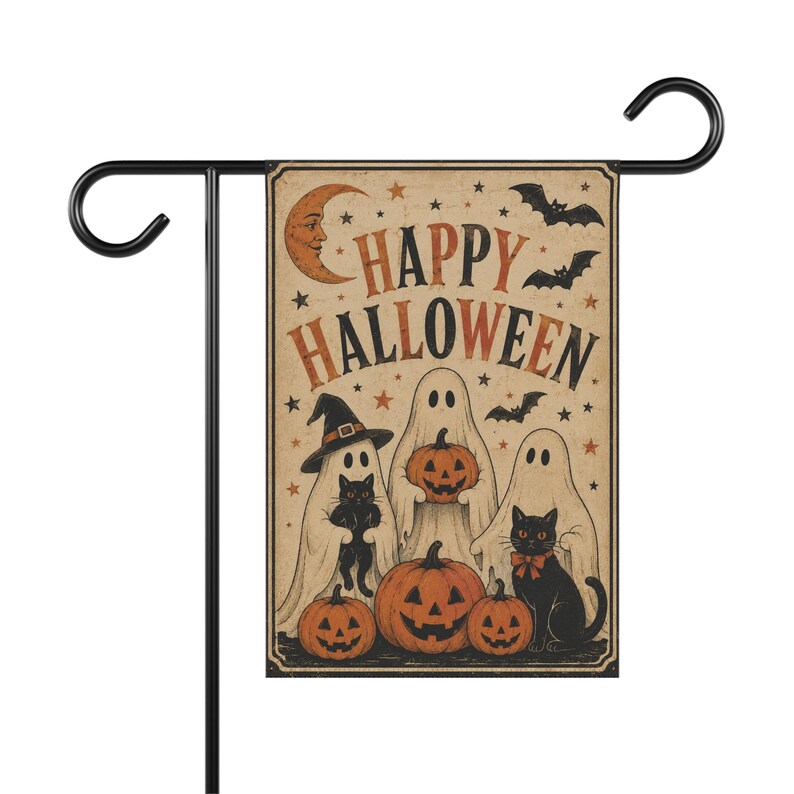 Vintage Happy Halloween Ghosts Garden Flag | Spooky Garden Flag, Welcome Sign, Yard Decoration, Ghost and Black Cat | 90s Halloween Decor image 2