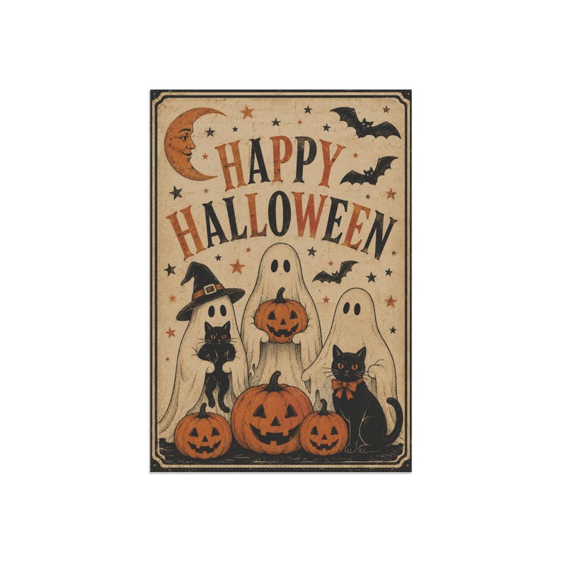 Vintage Happy Halloween Ghosts Garden Flag | Spooky Garden Flag, Welcome Sign, Yard Decoration, Ghost and Black Cat | 90s Halloween Decor image 4