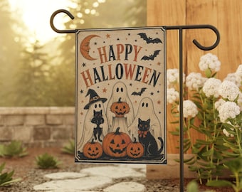 Vintage Happy Halloween Ghosts Garden Flag | Spooky Garden Flag, Welcome Sign, Yard Decoration,  Ghost and Black Cat | 90s Halloween Decor