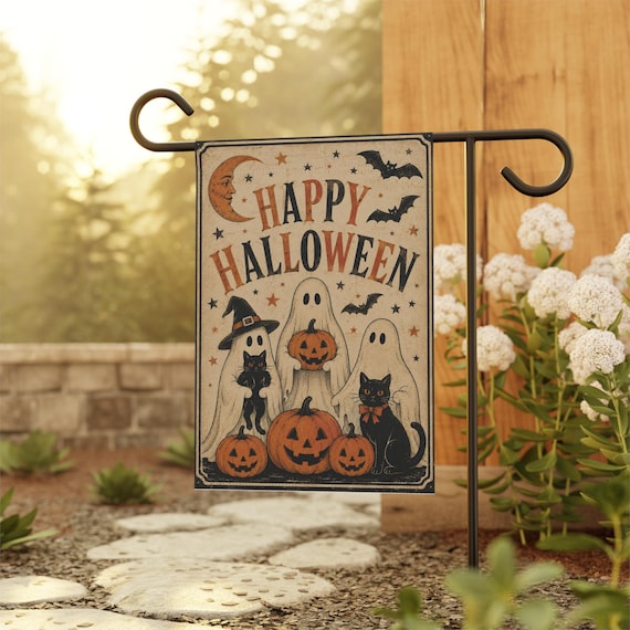 Vintage Happy Halloween Ghosts Garden Flag | Spooky Garden Flag, Welcome Sign, Yard Decoration,  Ghost and Black Cat | 90s Halloween Decor