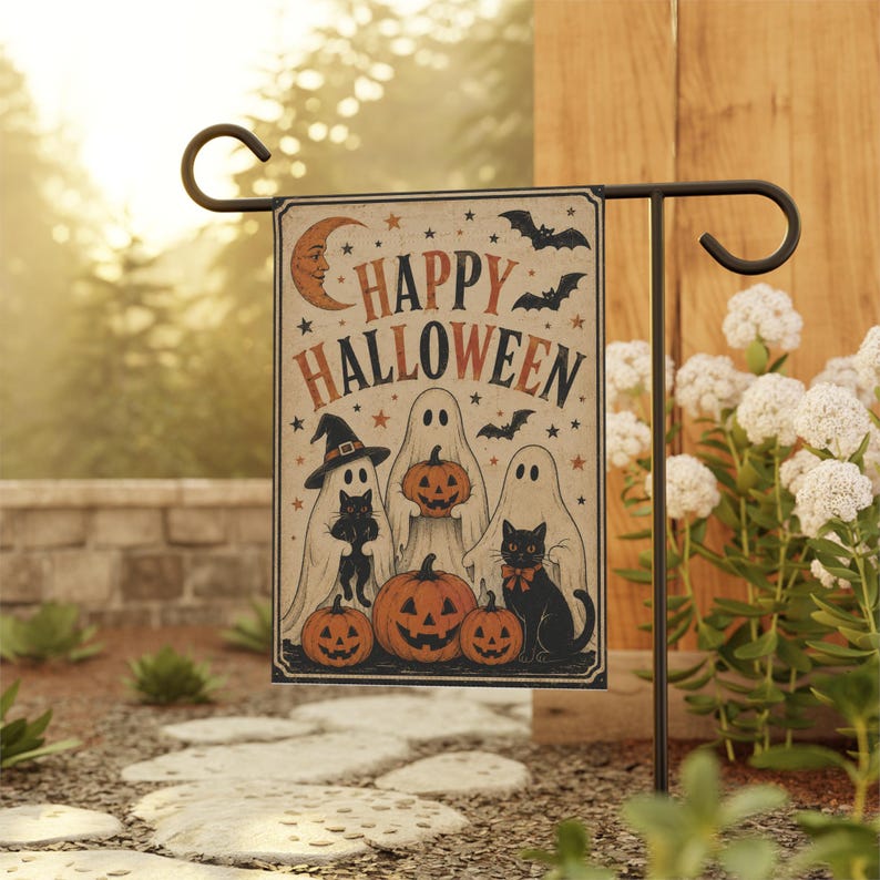 Vintage Happy Halloween Ghosts Garden Flag | Spooky Garden Flag, Welcome Sign, Yard Decoration, Ghost and Black Cat | 90s Halloween Decor image 1