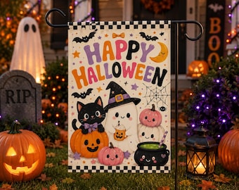 Happy Halloween Ghosts Pumpkins Black Cat Garden Flag| Halloween Decor, Welcome Sign, Garden Decoration, Yard Decoration, Kawaii Halloween