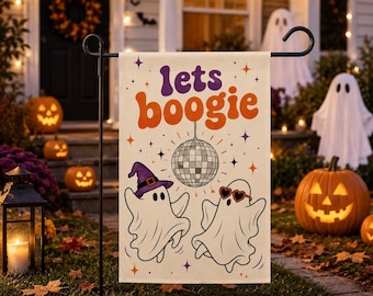 May include: A rectangular garden flag featuring the text "lets boogie" in purple and orange, a silver disco ball, and two white ghosts dancing. One ghost wears a purple witch hat, and the other wears heart-shaped sunglasses, with small stars.