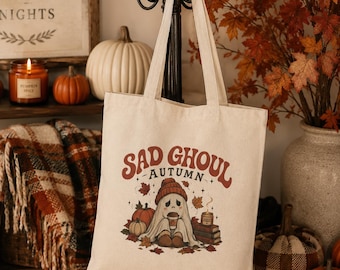 Sad Ghoul Autumn Tote Bag | Halloween Accessories | Fall Shopping Bag | Cozy Ghosts, Pumpkins, Fall Leaves | Canvas Tote Bag | Seasonal Tote