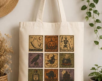 Vintage Halloween Patchwork Stamp Tote Bag | Cotton Canvas Halloween Tote Bag, Halloween Clothes, Vintage Halloween, Classic Halloween