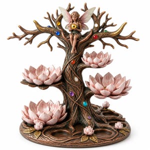 Puede incluir: Una escultura con forma de árbol marrón que presenta a un hada sentada con alas sosteniendo una esfera dorada. El árbol tiene ramas adornadas con gemas coloridas y varios cuencos con forma de flor de loto rosa sobre una base redonda.