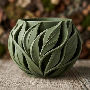 May include: A matte olive green bowl featuring a sculptural exterior design composed of overlapping, layered leaf-like shapes. The vessel has a wide, circular opening at the top and a rounded, bulbous body with a textured, organic surface finish.