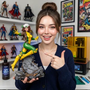May include: A Rogue action figure in a dynamic pose, featuring a green and yellow costume with a brown jacket. The figure is mounted on a detailed, rocky base. Other superhero figures are visible on a shelf in the background.