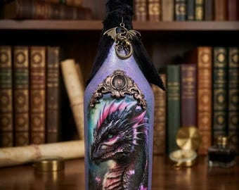 ドラゴン好きのためのボトルアート、ユニークなホームデコレーション、手描き、デコパージュファンタジースタイルのドラゴン
