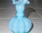 FENTON VASE BLUE Overlay Melon Rib Double Ruffled Crimped Top 5 quot Tall Crystal Art Glass 1940s Powder Blue Crystal Excellent Condition