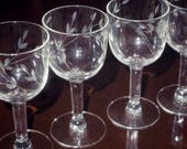 4 Depression LIBBEY ROCK SHARPE 4 1 2 quot Wine Cordials Glasses Goblets Floral Leaves Straight Stems Clear Crystal Set Four Excellent Condition