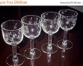 ON SALE 4 Depression LIBBEY Rock Sharpe 4 1 2 quot Wine Cordials Glasses Goblets Floral Leaves Straight Stems Clear Crystal Set Four Excellent C