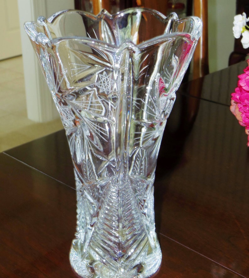 BOHEMIAN CZECH VASE Clear Paneled Scalloped Heavy Lead Crystal Etsy