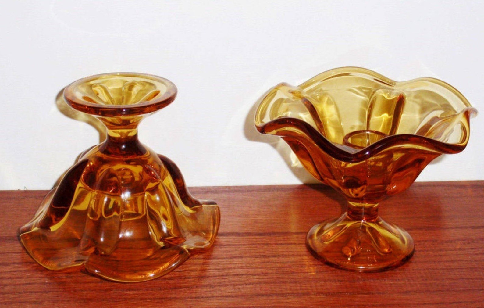 2 VIKING CANDLE HOLDERS Clear Amber Art Glass 3 1/2 Tall Etsy
