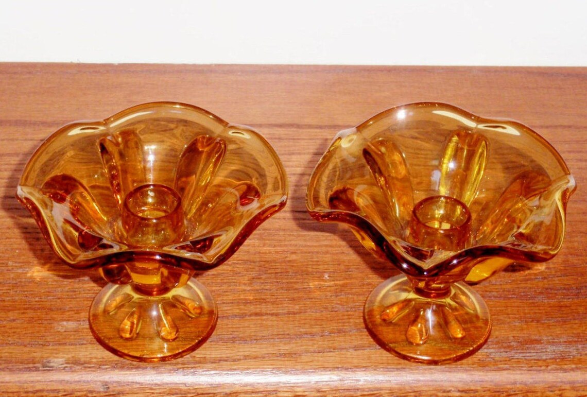 2 VIKING CANDLE HOLDERS Clear Amber Art Glass 3 1/2 Tall Etsy