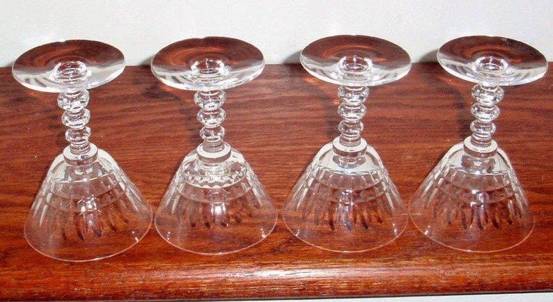 4 TIFFIN FRANCISCAN WILLIAMSBURG Clear Box Cut Criss Cross Cordials Liquor Cocktail Wine Goblets Glass Ball Stems Set Excellent Condition