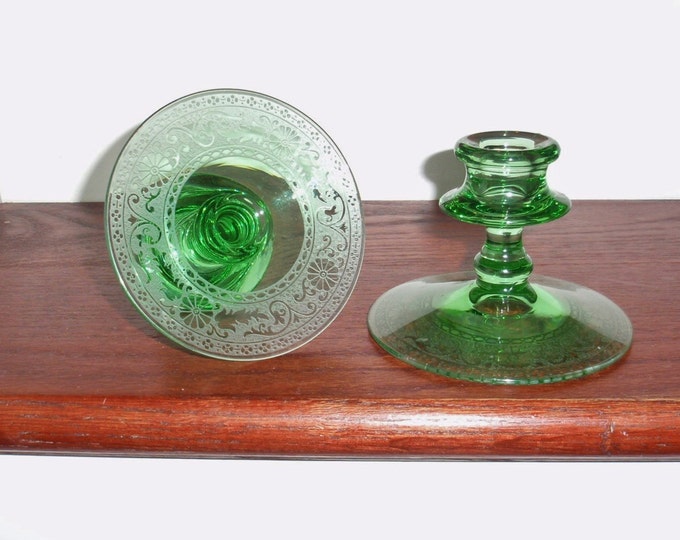 2 FOSTORIA SEVILLE DEPRESSION Glass Green Candlesticks Etched Etsy