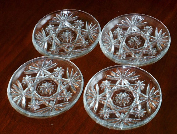 4 EAPC SNACK PLATES 4 12 Fan and Star Set Cut Crystal Anchor Hocking Prescut Flat Clear Glass Sherbet Plates Excellent Condition