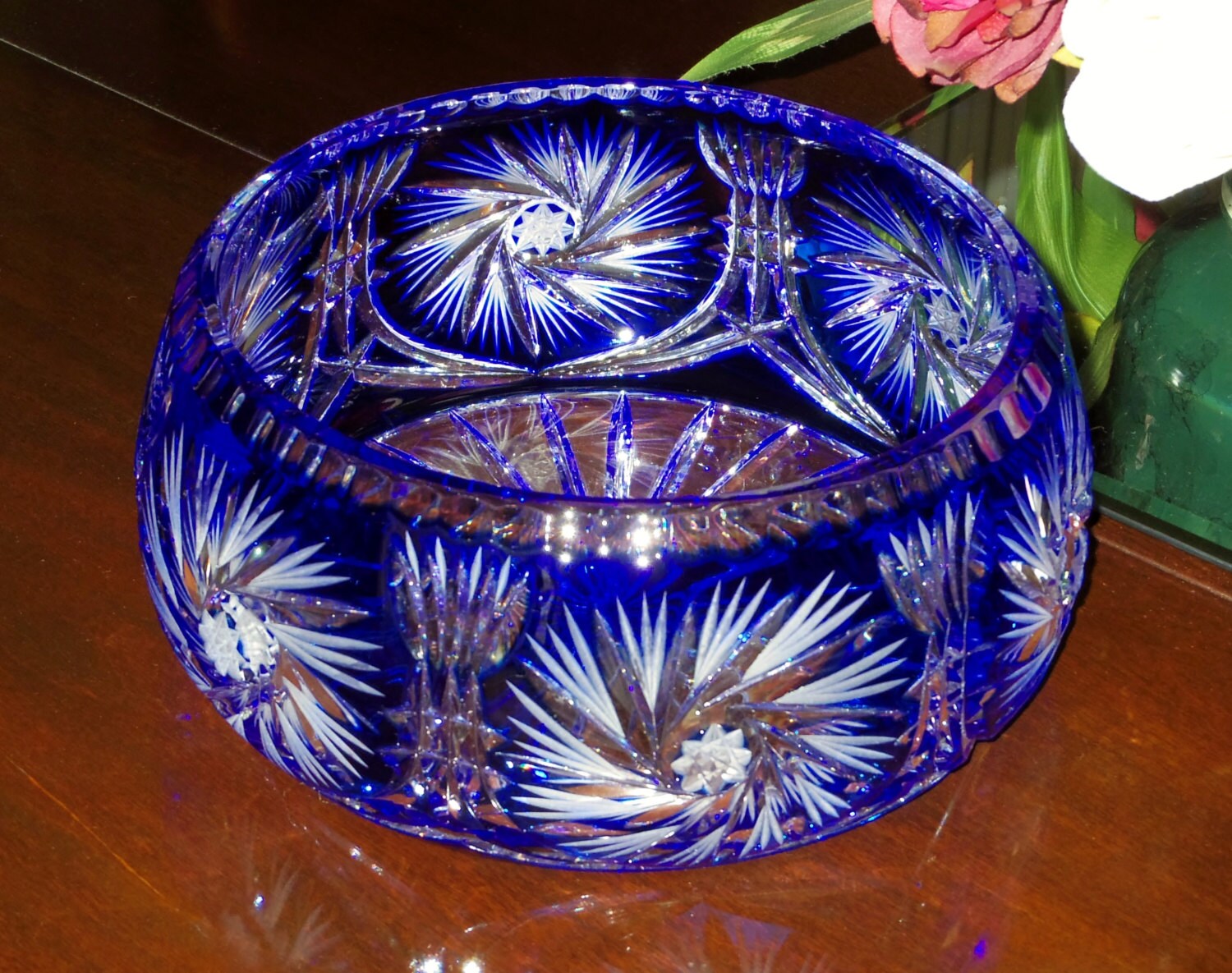 9 Cobalt Cut Crystal Bowl Large Blue Hobstar Round Clear Etsy