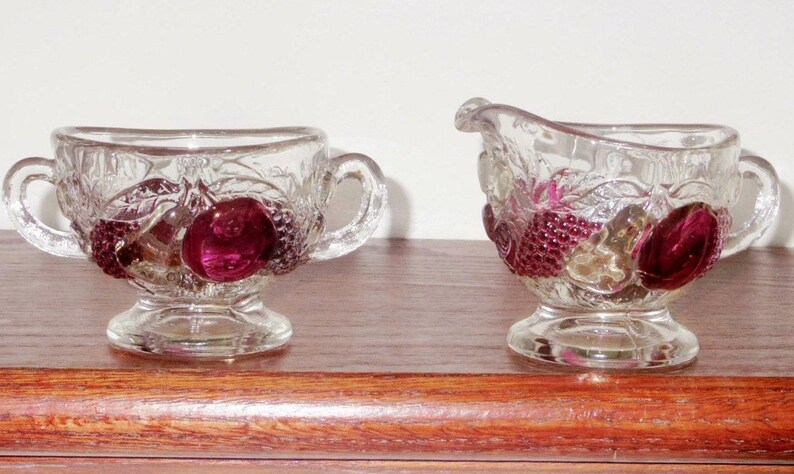Set WESTMORELAND DELLA ROBBIA Sugar Bowl Creamer Pitcher Footed Dark Fruit Depression Glass Clear Crystal Excellent Condition