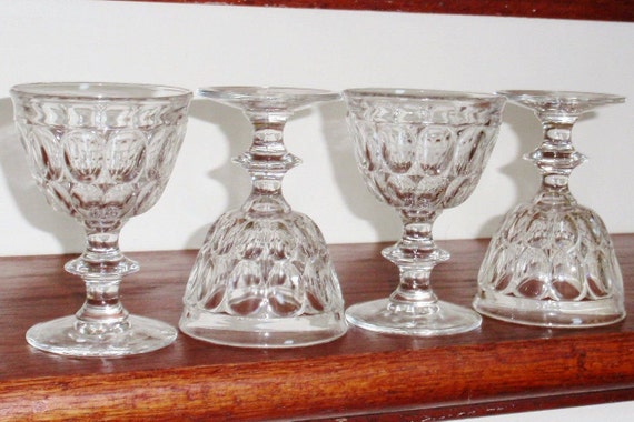 4 TIFFIN FRANCISCAN WILLIAMSBURG Clear Box Cut Criss Cross Cordials Liquor Cocktail Wine Goblets Glass Ball Stems Set Excellent Condition