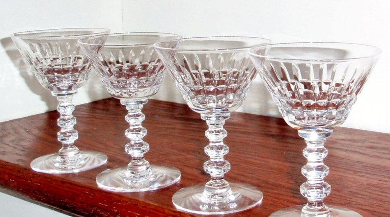 4 TIFFIN FRANCISCAN WILLIAMSBURG Clear Box Cut Criss Cross Cordials Liquor Cocktail Wine Goblets Glass Ball Stems Set Excellent Condition
