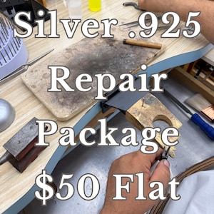 May include: A workbench with tools and the text "Silver .925 Repair Package $50 Flat". The image shows a variety of jewelry repair tools, including pliers, hammers, and small bottles of liquid.