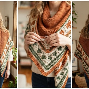 May include: A triangular crochet shawl featuring a solid rust-colored center with a decorative border of cream, forest green, and rust-colored geometric patterns and fox motifs. The shawl is draped over the shoulders and hangs to a point.