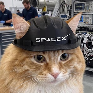 May include: A fluffy orange and white cat wearing a black hard hat with the white SpaceX logo printed on the front. The hat features a ridged top design and a wide brim that sits between the cat's ears, which are visible above the helmet.