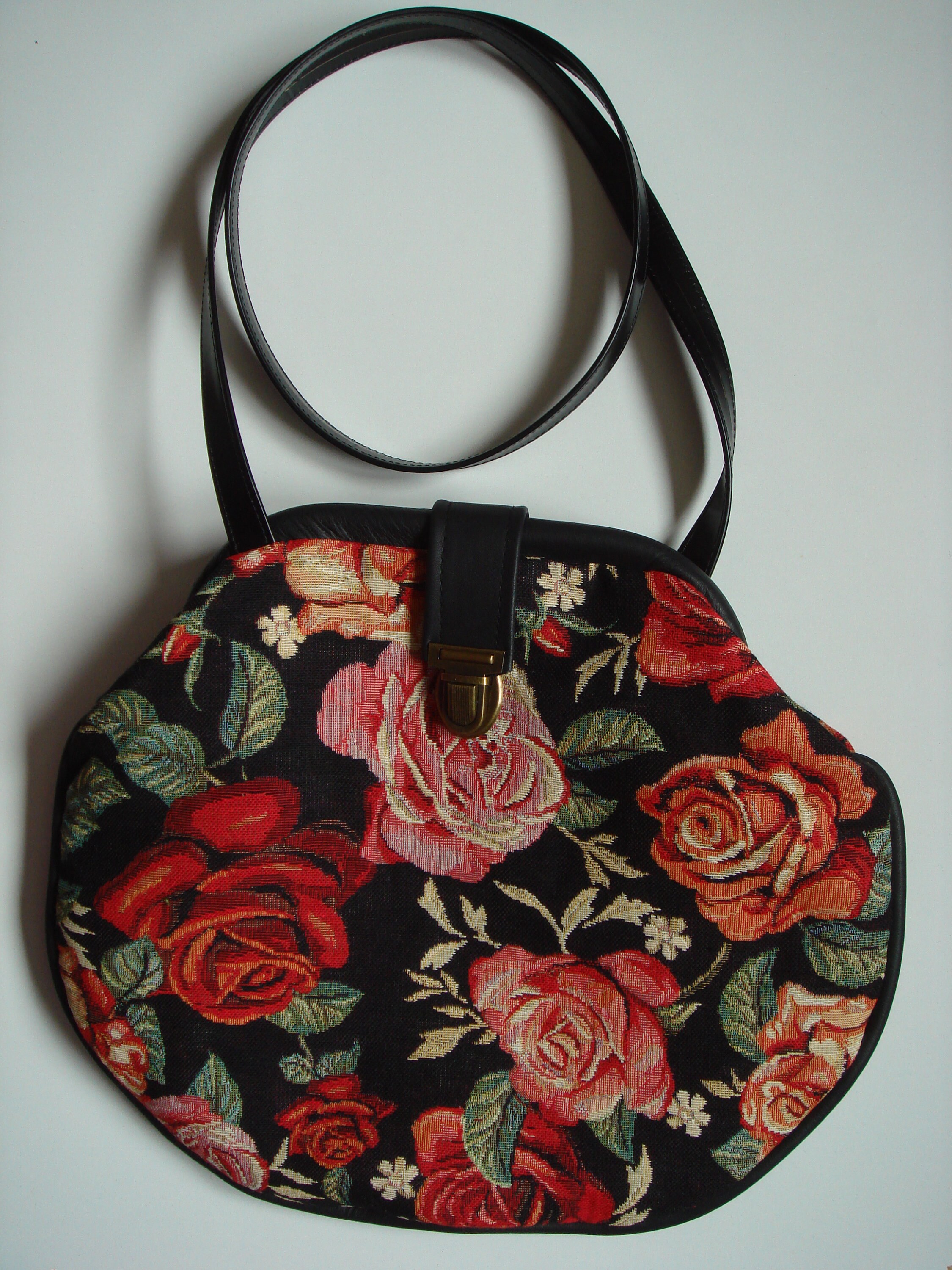 Woven Rose Design Fabric Purse With Black Leather Piping and - Etsy