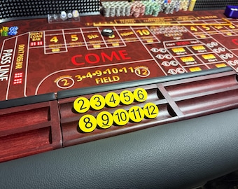 Op de afbeelding: Een craps-tafel met een rood vilten oppervlak met witte en gele tekst, waaronder de woorden PASS LINE, COME en FIELD. Een houten fichesrek bevat tien gele ronde markers met de cijfers 2, 3, 4, 5, 6, 8, 9, 10, 11 en 12 erop.