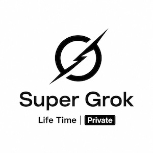 Può includere: Logo in bianco e nero con un cerchio attraversato da un fulmine. Sotto, la scritta "Super Grok" e, in basso, "Life Time | Private". Il design è pulito e moderno.