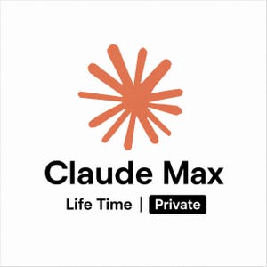 Può includere: Su sfondo bianco, il nome "Claude Max" in nero, sormontato da un motivo a stella arancione. Sotto, le parole "Life Time | Private" in nero.