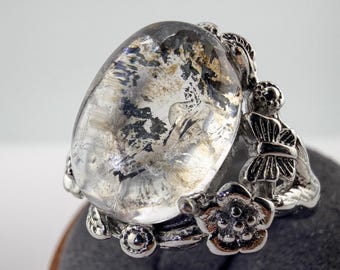 Artistic Style Inclusion Quartz Ring｜Rare Natural Landscape Quartz｜Hand‑Polished Cabochon｜Silver‑Plated Adjustable Ring