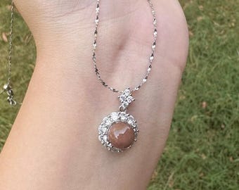 Natural Orange Angel Hair Quartz Silver‑Plated Necklace • Cat‑Eye Glow & Princess Halo Design