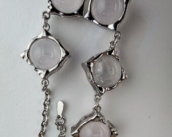 Natural Rose Quartz Silver‑Plated Bracelet • Five 15mm+ Rotating Beads & Soft White‑Pink Tone