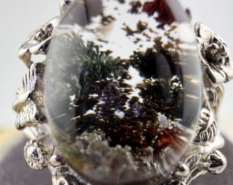 Garden Phantom Quartz Ring • 10×14mm Oval Cabochon, Oil-Painting Inclusions, Silver-Plated Floral Bezel